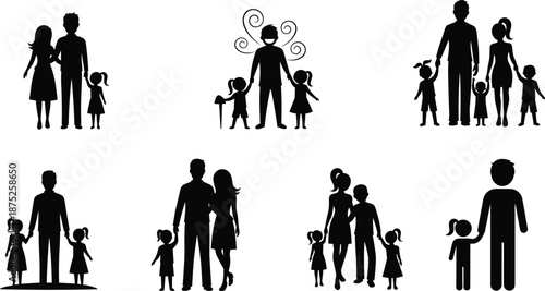 Family silhouette icons set, parents and children together, happy household figures, black vector illustration for parenting, unity, care, love