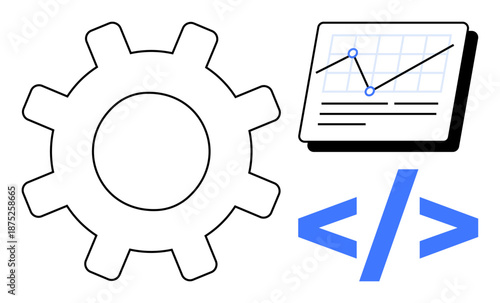 Gear, chart with line graph, and code symbol portraying development, technology, data, programming, automation, analytics and innovation. Ideal for tech concepts software process optimization