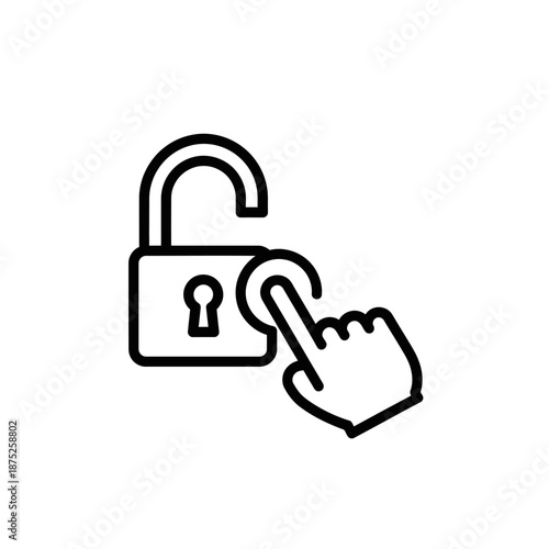 Minimalist Line Icon of Open Padlock with Hand Touching Lock