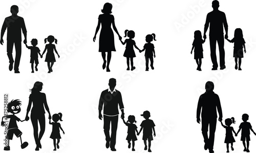 Family silhouette set of parents walking with children holding hands isolated on white background love bonding parenting lifestyle illustration