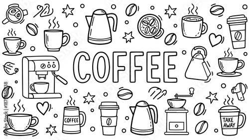 Collection of coffee related items including cups, cakes, and pastries