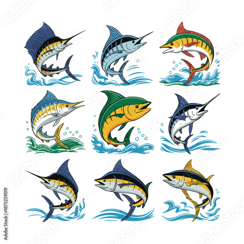 Nine of marlin and tuna fish jumping from blue waves fishing ocean