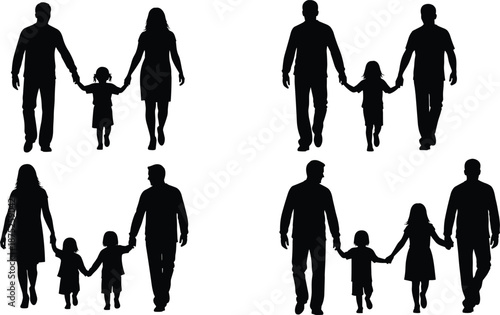 Family silhouette set, parents holding children hands, happy walking family figures, love togetherness concept, black vector icons collection