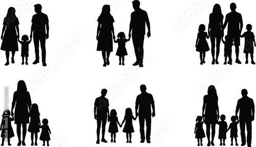 Family walking silhouette set, parents and children together, black vector people illustrations for parenting, love, care, lifestyle, unity