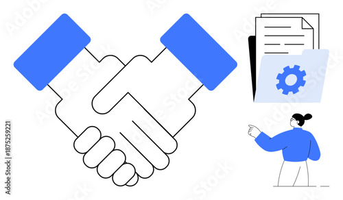 Business collaboration, teamwork, partnership, agreements, contract management, process optimization. Handshake illustration with a file folder and documents. Business collaboration and teamwork