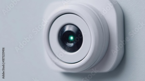 Close-up of a white security camera mounted on a white wall. the camera is circular in shape and has a black lens in the center.