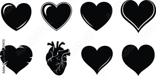 Heart silhouette icon set, love romance symbols, black vector hearts including anatomy style for valentine, emotion, design, decoration