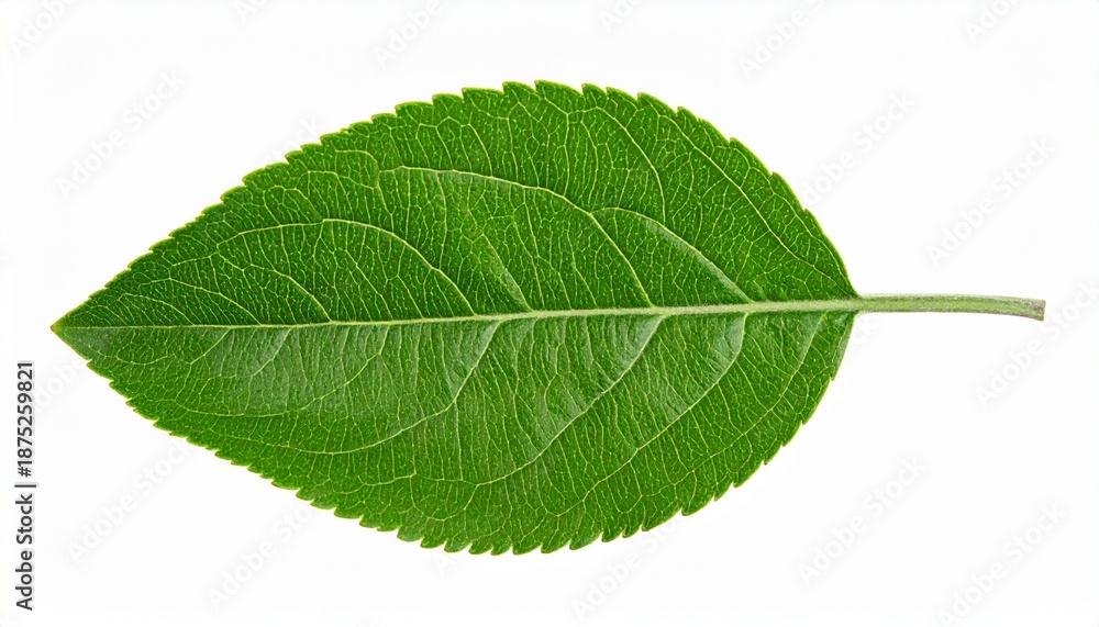 Obraz premium Green leaf with serrated edges and central vein—fresh botanical specimen on white background for plant studies.