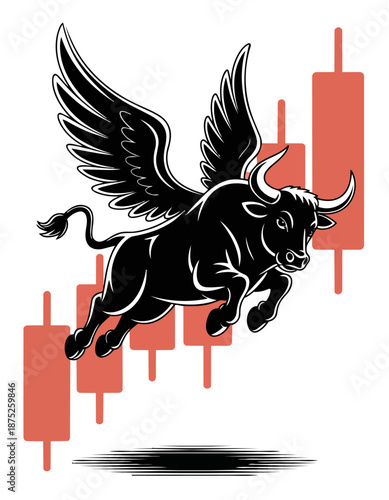 Flying bull stock market growth and optimism vector illustration