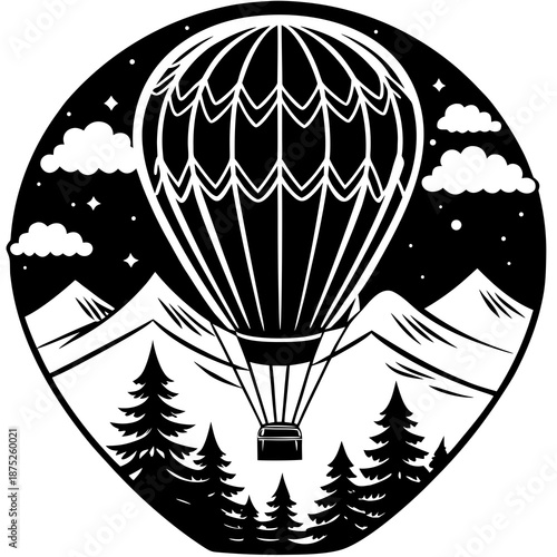 Silhouette of hot air balloon journey, travel vector isolated on White Background