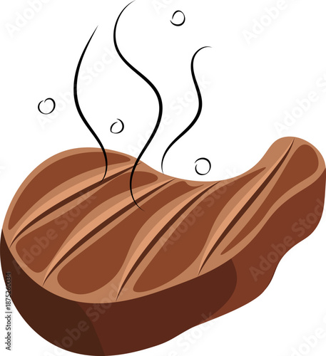 Savory grilled beef steak with rising steam lines in a flat vector style, perfect for restaurant menus, BBQ flyers, and culinary branding graphics.
