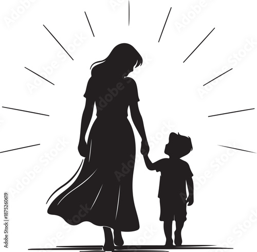 Mom and son, mother and son black silhouette.