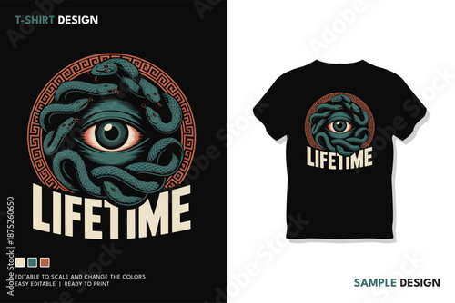 All-Seeing Eye With Serpents Emblem Surrounded By Greek Key Border and Lifetime Text