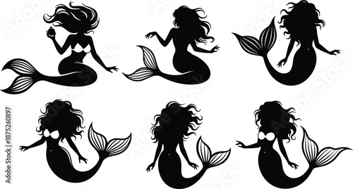 Mermaid silhouette illustration set, black fantasy sea siren poses, mythical underwater female characters, decorative ocean vector design collection