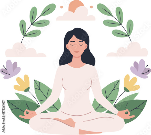 Serene woman in lotus meditation pose surrounded by flowers, green leaves, clouds, sun, and nature elements, flat vector illustration for yoga and zen