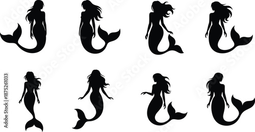Mermaid silhouette collection, fantasy underwater female figures, black vector sea princess illustrations for fairytale, ocean, magic, design