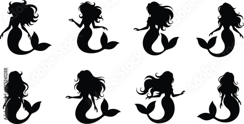 Mermaid silhouette set, black fantasy sea siren figures, mythical ocean character collection, decorative vector icons for logo, tattoo, design