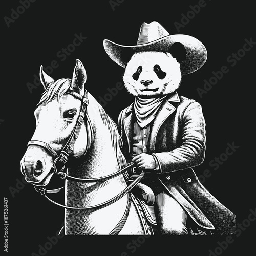 Panda Cowboy Riding a Horse in Black and White Illustration.