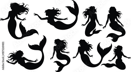 Mermaid silhouette set, black fantasy sea siren poses, mythical underwater female characters collection, ocean fairytale vector illustration design