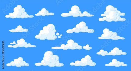 White clouds set on blue background. Fluffy cloudscape
