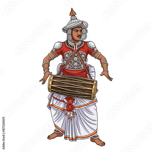 Vibrant portrayal of a Sinhala traditional Awurudu Sri Lanka performer, adorned in ceremonial attire and playing a rhythmic drum, celebrating cultural heritage and festive traditions