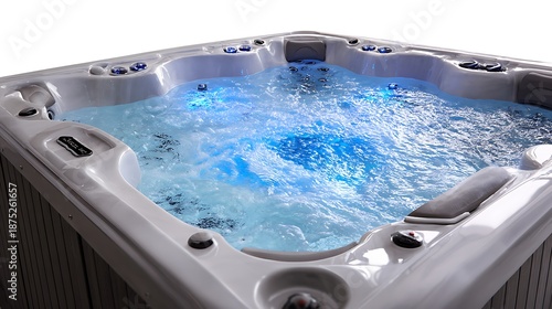 A luxurious hot tub with clear blue water and integrated lighting features