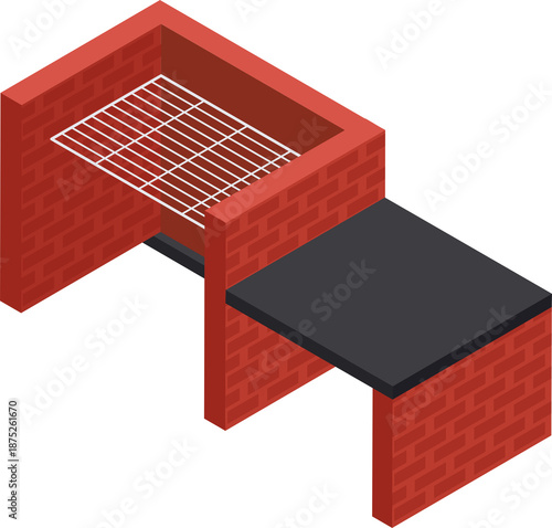 Isometric brick barbeque grill with metal grate, black countertop, perfect for outdoor cooking, summer gatherings.