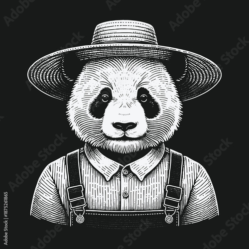 Panda Farmer Portrait: A Detailed Black and White Illustration.