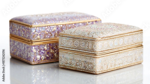 Ornate jeweled boxes with delicate patterns and gold trim displayed together