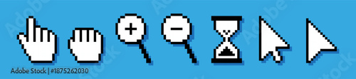 Pixel art cursor, computer mouse pointer icons. Pixelated vector illustration of arrow, hand click pointers, magnifier and hourglass. Retro 8 bit pixel cursors set