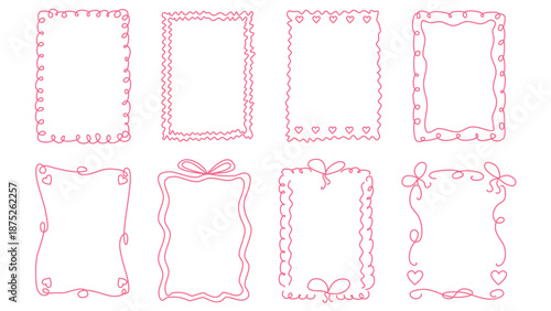 Set of whimsical hand drawn frames in flirty style. Delicate, romantic and casual borders for weddings and Valentines Day. Templates for cards, posters and brochures, vector graphics