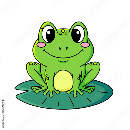 Cartoon green frog sitting on leaf of water lily. Vector illustration isolated on white background