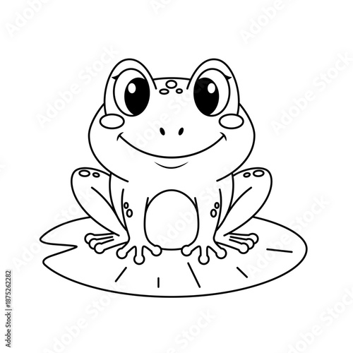 Cute frog sitting on leaf of water lily. Black and white vector illustration for kids coloring book