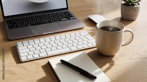 Modern workspace with laptop keyboard coffee mug notepad and succulent plant