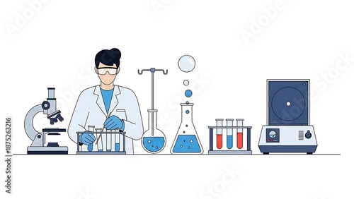 Scientist Conducting Experiment in Laboratory Setting with Various Equipment and Chemicals