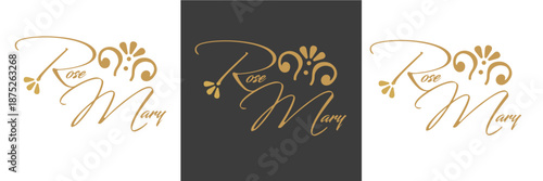 Elegant Golden Luxury Calligraphy Logo for Rose Mary Branding, Sophisticated Floral Script Typography Design on White and Dark Backgrounds.