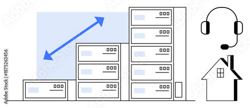 Business growth, IT infrastructure, remote support, telecommunication, customer service, data storage. Servers increasing in size, headset and house icon. Business growth and IT infrastructure