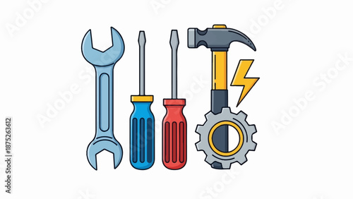 A set of tools including a wrench, two screwdrivers, a hammer, a gear, and a lightning bolt