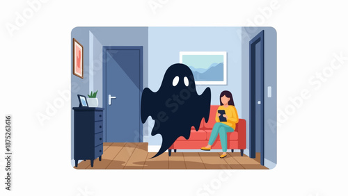 A shadowy apparition looms over a woman engrossed in her tablet in a minimalist living space