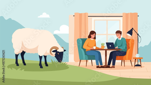 A sheep grazes in a field while a couple works on laptops indoors