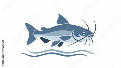 A simplified illustration of a blue catfish leaping from stylized waves