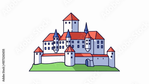 A simplified illustration of a medieval castle with red roofs and blue accents