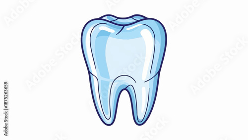 A shiny, cartoonish tooth, rendered in light blue hues with dark blue outlines