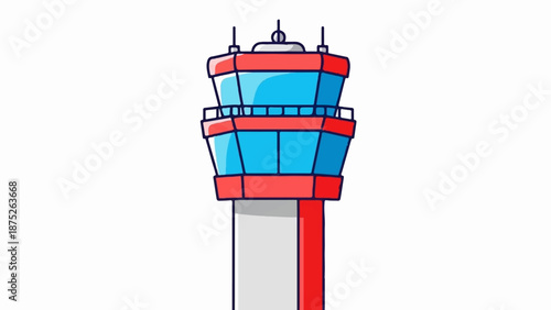 A simplified illustration of a red and blue airport control tower with large windows