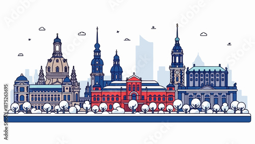 A simplified, line-art illustration of a European city skyline with iconic buildings and trees