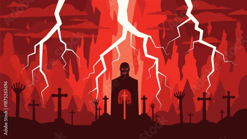 A silhouette of a menacing figure stands in a fiery landscape amidst lightning strikes and graves