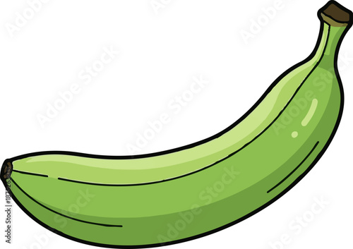 A single green banana with a black outline, isolated on a white background