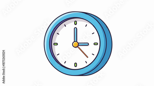 A simple blue analog clock with white face and three hands, indicating three o'clock
