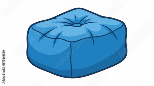 A simple blue beanbag chair with a tufted top and dark outlines