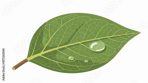A single green leaf with prominent veins and three dew drops